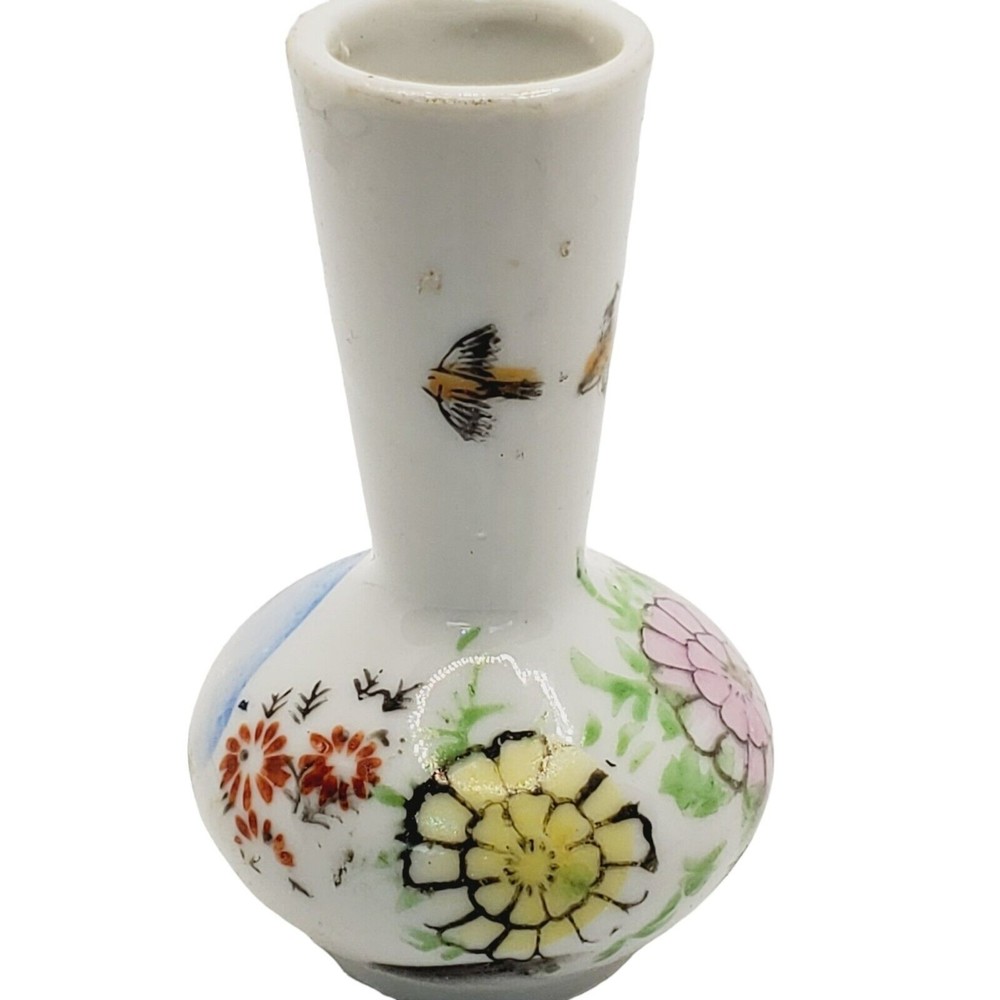 Miniature Hand Painted Flowers Birds Traditional Vase 2" High Made Japan